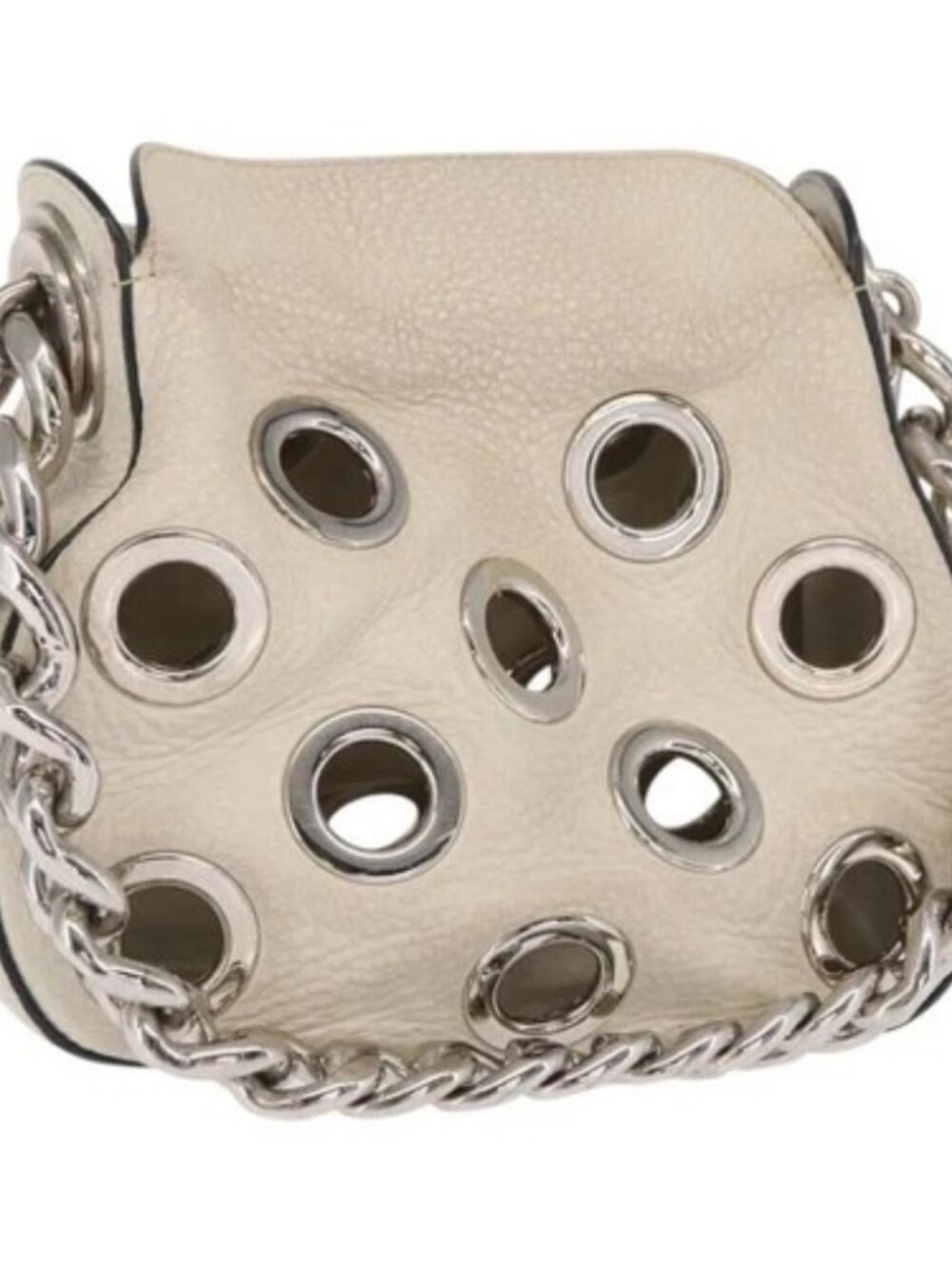 PRADA Grommet Punching Chain Hand Bag Leather Ivory Silver Auth 165205